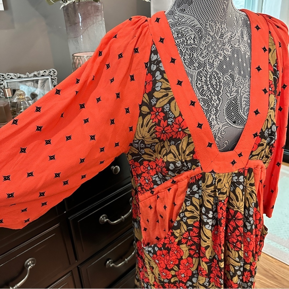 Free People Tallula Poppy Orange Deep-V Mixed Floral Boho Dress Size S - Picture 3 of 16